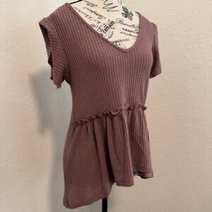SHEIN Mauve Waffle Knit Peplum Top V-Neck Ruffle Babydoll Blouse Size Large 8/10